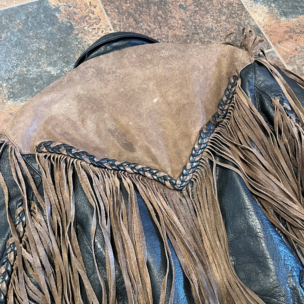 Vintage Wilsons Leather Fringe Jacket Womens S Black Brown Motorcycle Biker 90s - Picture 6 of 16